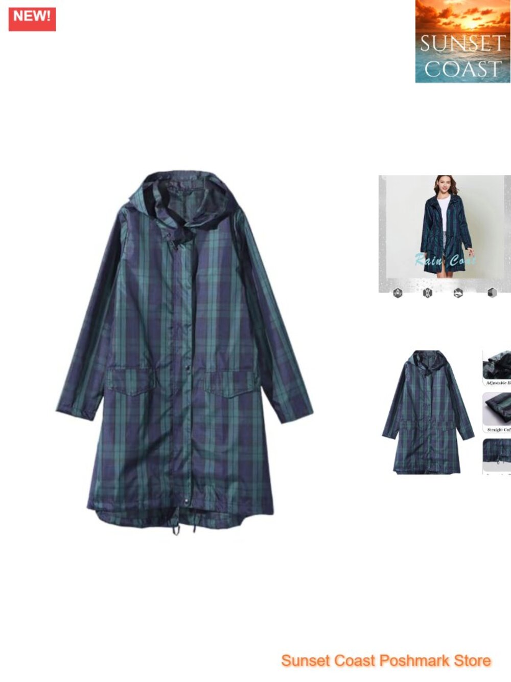 Lightweight Plaid Raincoat with Adjustable Hood for Women